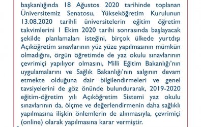 2020 Yaz Okulu Sınavı Online Yapılacak